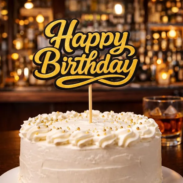 Топер за торта Happy Birthday — черно и златно