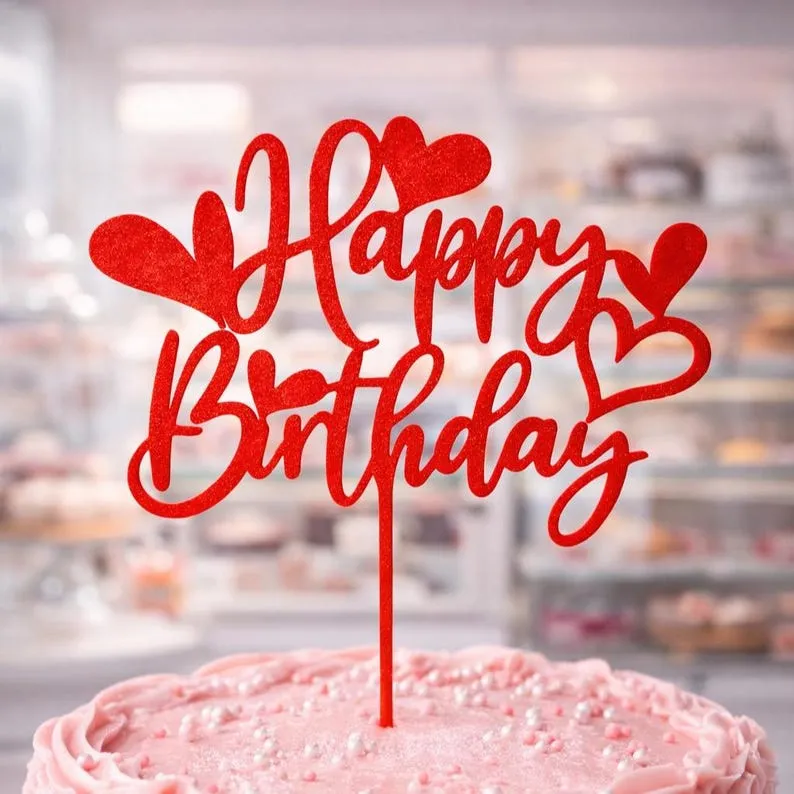 Топер за торта „Happy Birthday“ със сърца — романтичен