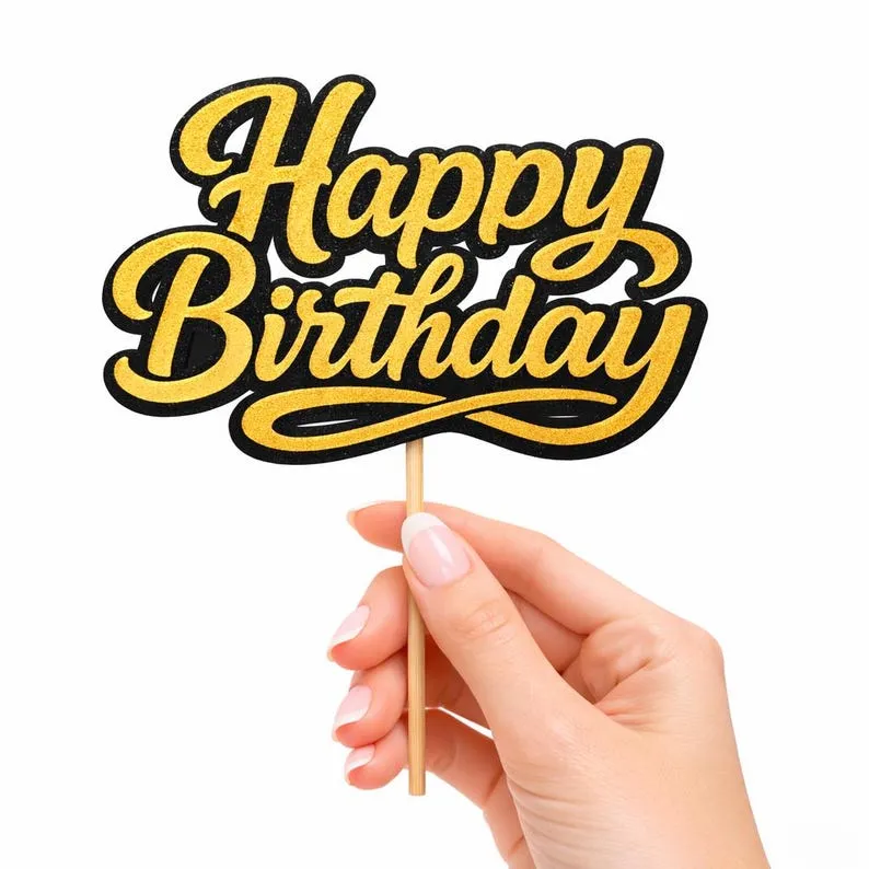 Топер за торта Happy Birthday — черно и златно