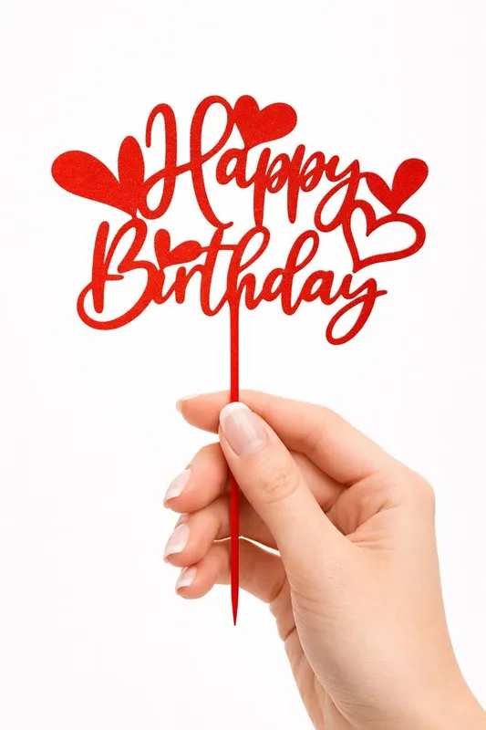 Топер за торта „Happy Birthday“ със сърца — романтичен